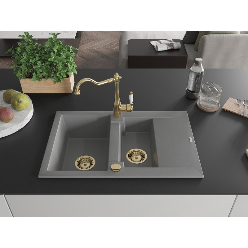 Mexen Gaspar fregadero de granito de 1,5 senos con escurridor y grifo de cocina Carla, gris - 6507-71-670700-50