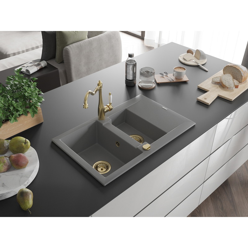Mexen Gaspar fregadero de granito de 1,5 senos con escurridor y grifo de cocina Carla, gris - 6507-71-670700-50