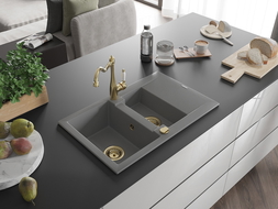 Mexen Gaspar Granitspüle 1,5-Becken mit Abtropffläche und Küchenarmatur Carla, grau - 6507-71-670700-50