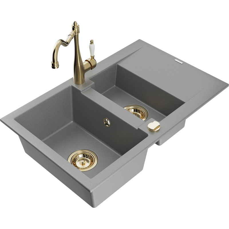 Mexen Gaspar fregadero de granito de 1,5 senos con escurridor y grifo de cocina Carla, gris - 6507-71-670700-50