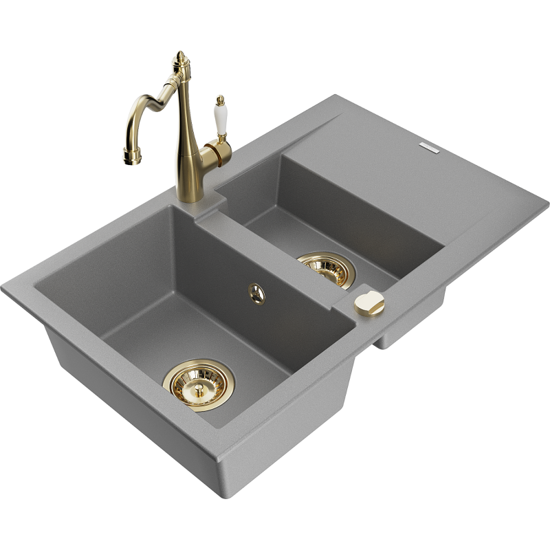 Mexen Gaspar lava loiça de granito 1,5 câmara com escorredor e torneira de cozinha Carla, cinzento - 6507-71-670700-50