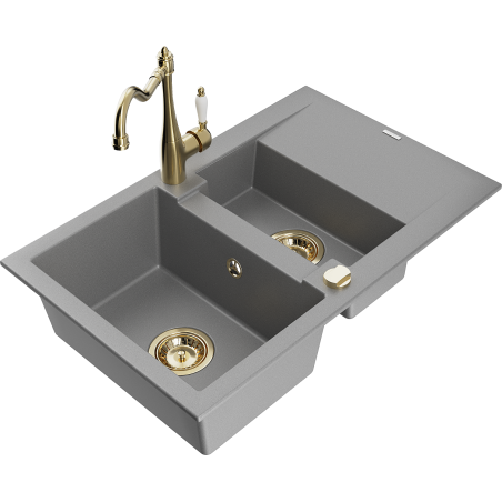 Mexen Gaspar fregadero de granito de 1,5 senos con escurridor y grifo de cocina Carla, gris - 6507-71-670700-50