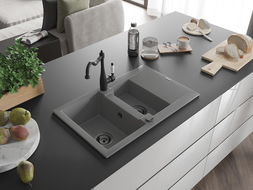 Mexen Gaspar granite sink 1.5-bowl with drainer and Carla kitchen tap, grey - 6507-71-670700-70-B