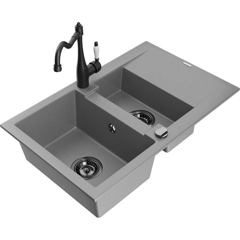 Mexen Gaspar fregadero de granito de 1,5 senos con escurridor y grifo de cocina Carla, gris - 6507-71-670700-70-B