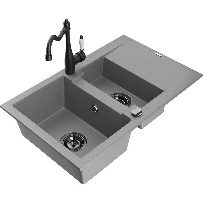 Mexen Gaspar fregadero de granito de 1,5 tazones con escurridor y grifo de cocina Carla, gris - 6507-71-670700-70-B