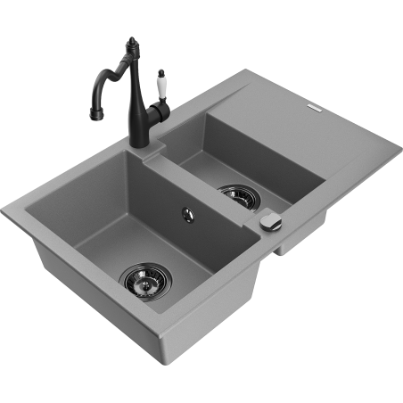 Mexen Gaspar fregadero de granito de 1,5 tazones con escurridor y grifo de cocina Carla, gris - 6507-71-670700-70-B