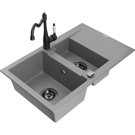 Mexen Gaspar granite sink 1.5-bowl with drainer and kitchen faucet Carla, gray - 6507-71-670700-70-B