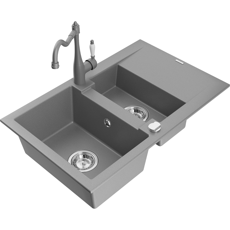 Mexen Gaspar fregadero de granito de 1,5 senos con escurridor y grifo de cocina Carla, gris - 6507-71-670700-71