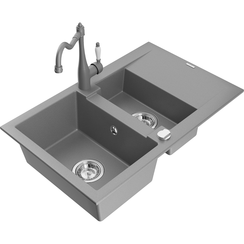 Mexen Gaspar granite sink 1.5-bowl with drainer and Carla kitchen tap, grey - 6507-71-670700-71