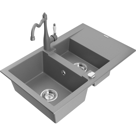 Mexen Gaspar granite sink 1.5-bowl with drainer and Carla kitchen tap, grey - 6507-71-670700-71