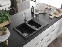 Mexen Gaspar Granitspüle 1,5-Becken mit Abtropffläche und Küchenarmatur Carla schwarz/silber metallic - 6507-73-670700-00