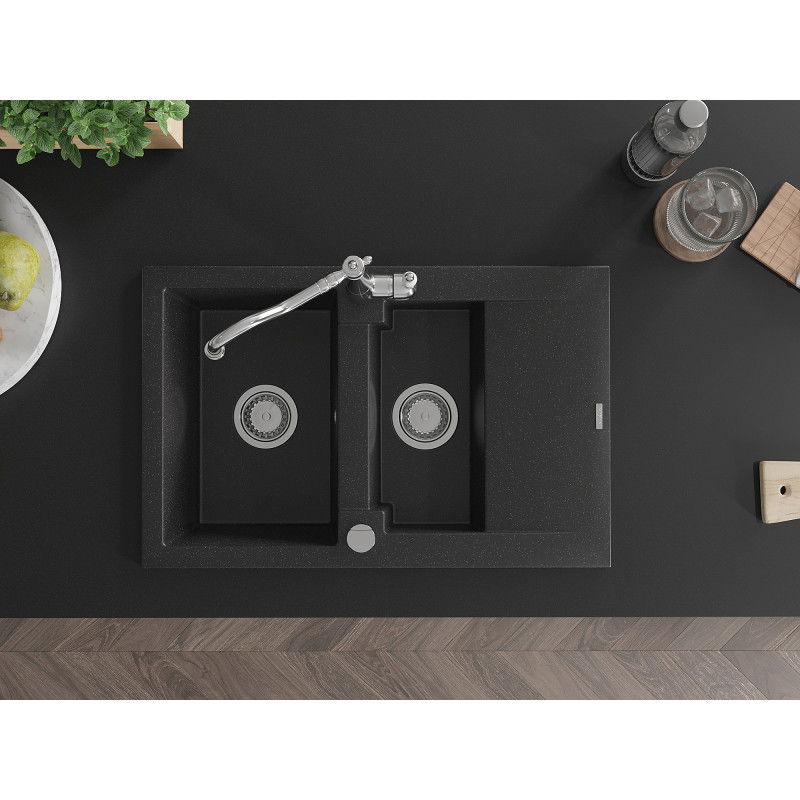 Mexen Gaspar Granitspüle 1,5-Becken mit Abtropffläche und Küchenarmatur Carla schwarz/silber metallic - 6507-73-670700-00