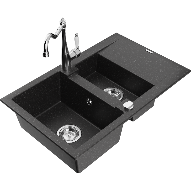 Mexen Gaspar 1.5-bowl granite sink with drainer and Carla kitchen tap black/silver metallic - 6507-73-670700-00