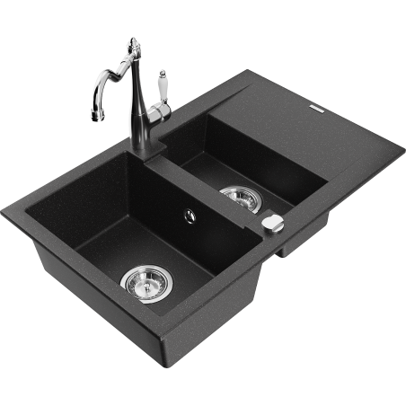 Mexen Gaspar 1.5-bowl granite sink with drainer and Carla kitchen tap black/silver metallic - 6507-73-670700-00