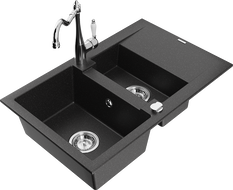 Mexen Gaspar Granitspüle 1,5-Becken mit Abtropffläche und Küchenarmatur Carla schwarz/silber metallic - 6507-73-670700-00