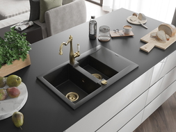 Mexen Gaspar Granitspüle 1,5-Becken mit Abtropffläche und Küchenarmatur Carla schwarz/silber metallic - 6507-73-670700-50