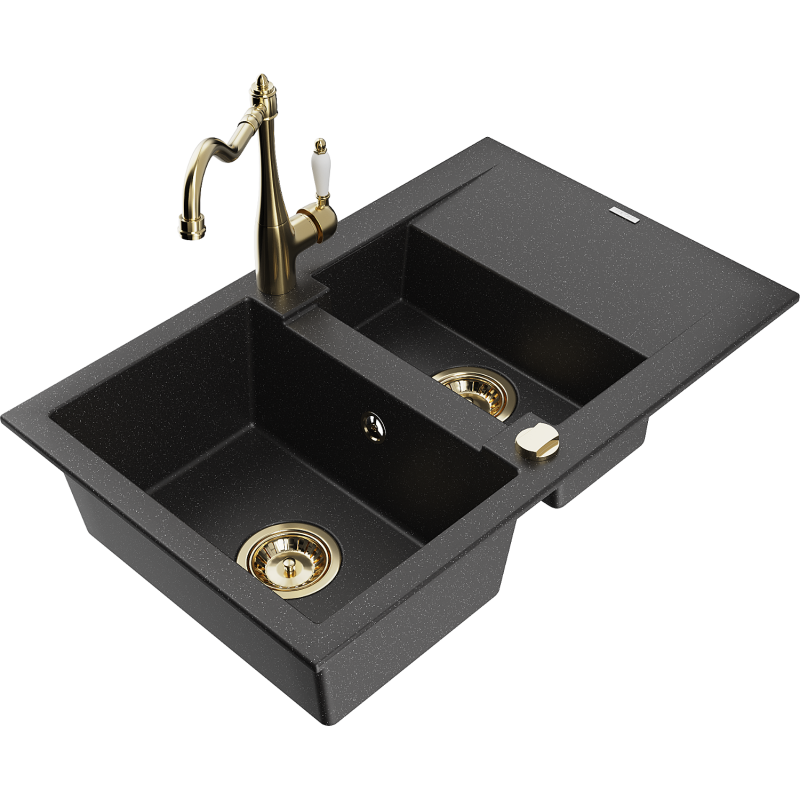 Mexen Gaspar fregadero de granito de 1,5 senos con escurridor y grifo de cocina Carla negro/plata metálica - 6507-73-670700-50