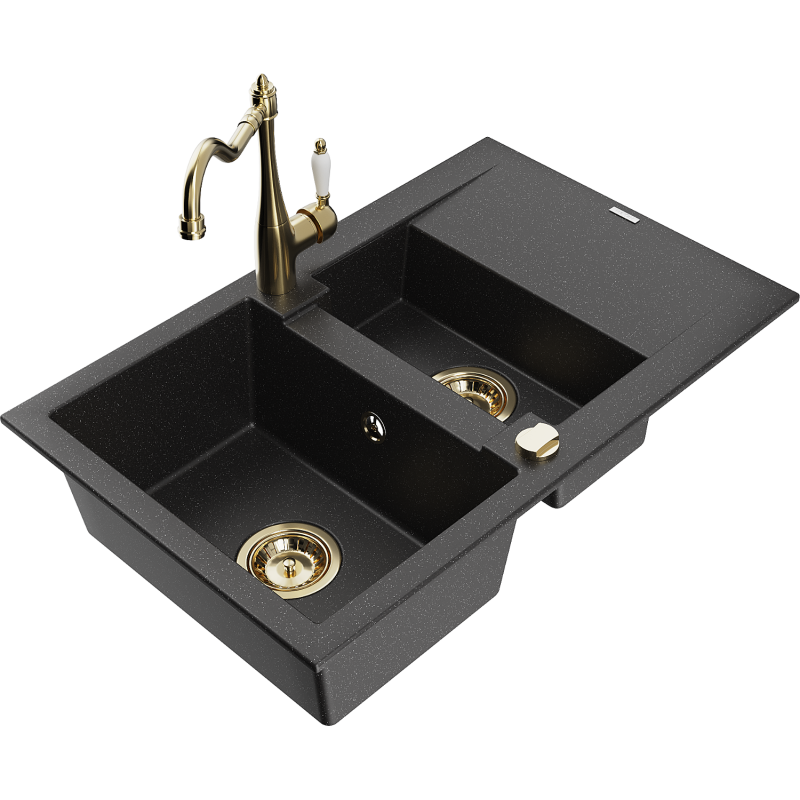 Mexen Gaspar lava-loiça de granito 1,5-câmara com escorredor e torneira de cozinha Carla preto/metálico prateado