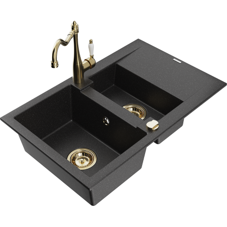 Mexen Gaspar granite sink 1.5-bowl with drainer and Carla kitchen tap black/silver metallic - 6507-73-670700-50