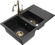 Mexen Gaspar granite sink 1.5-bowl with drainer and Carla kitchen tap black/silver metallic - 6507-73-670700-50