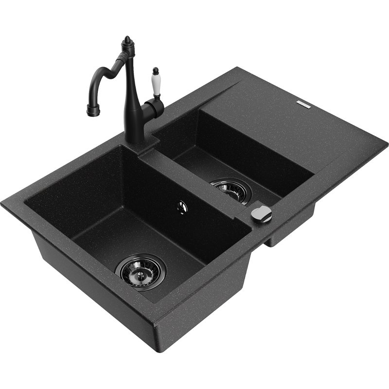 Mexen Gaspar lavello in granito 1,5 vasche con scolapiatti e rubinetto da cucina Carla, nero/argento - 6507-73-670700-70-B