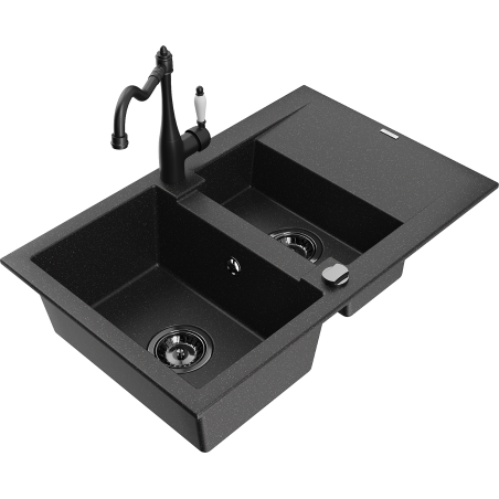 Mexen Gaspar granite sink 1.5-bowl with drainer and Carla kitchen tap, black/silver - 6507-73-670700-70-B