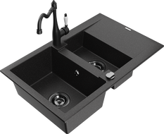 Mexen Gaspar granite sink 1.5-bowl with drainer and Carla kitchen tap, black/silver - 6507-73-670700-70-B