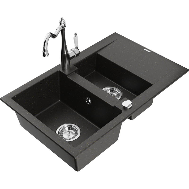 Mexen Gaspar fregadero de granito 1,5-cubetas con escurridor y grifo de cocina Carla, negro/dorado metálico - 6507-75-670700-00