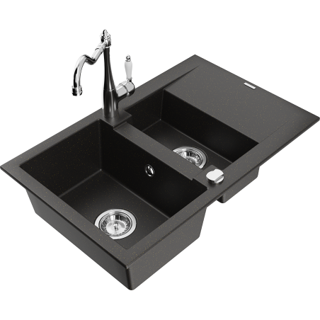 Mexen Gaspar granite sink 1.5-bowl with drainer and Carla kitchen tap, black/gold metallic - 6507-75-670700-00