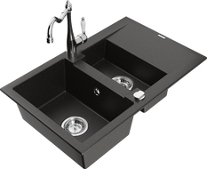 Mexen Gaspar granite sink 1.5-bowl with drainer and Carla kitchen tap, black/gold metallic - 6507-75-670700-00