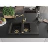 Mexen Gaspar granieten spoelbak 1,5-komoren met afdruiprek en keukenkraan Carla, zwart/goud metallic - 6507-75-670700-50