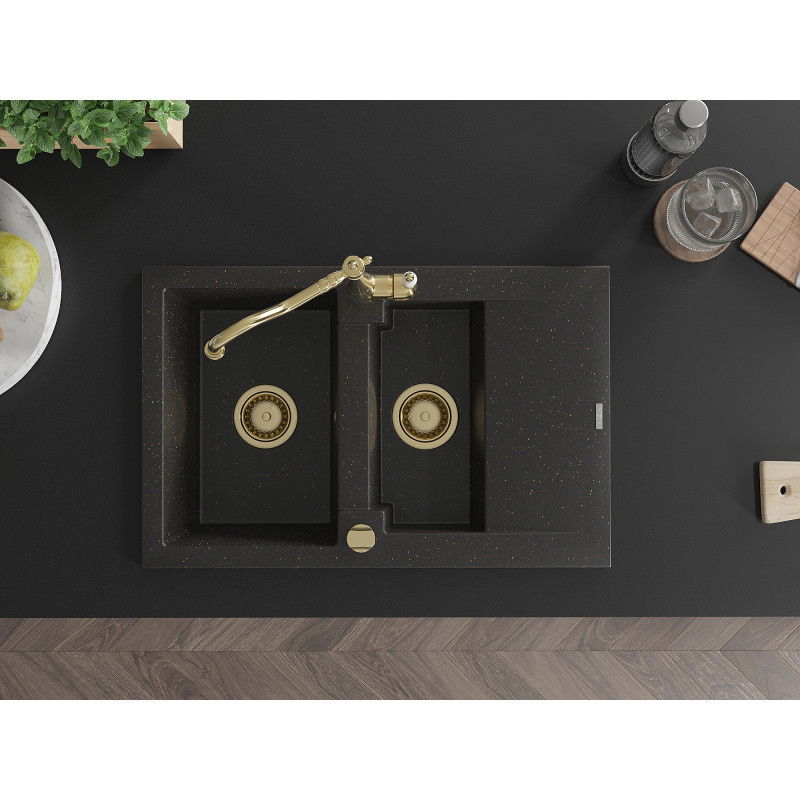 Mexen Gaspar Granitspüle 1,5 Becken mit Abtropffläche und Küchenarmatur Carla, schwarz/gold metallic - 6507-75-670700-50
