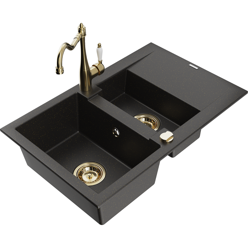 Mexen Gaspar lava-loiça de granito 1,5-câmara com escorredor e torneira de cozinha Carla, preto/dourado metálico