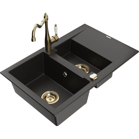 Mexen Gaspar fregadero de granito de 1,5 compartimentos con escurridor y grifo de cocina Carla, negro/dorado metálico