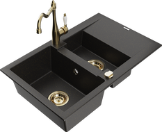 Mexen Gaspar 1.5-bowl Granite Sink with Drainer and Carla Kitchen Faucet, Black/Gold Metallic - 6507-75-670700-50