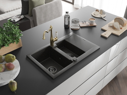 Mexen Gaspar Granitspüle 1,5-Becken mit Abtropffläche und Küchenarmatur Carla schwarz/gold Metallic - 6507-75-670700-50-B