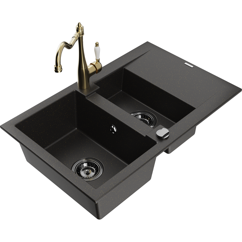 Mexen Gaspar Granitspüle 1,5-Becken mit Abtropffläche und Küchenarmatur Carla schwarz/gold Metallic - 6507-75-670700-50-B