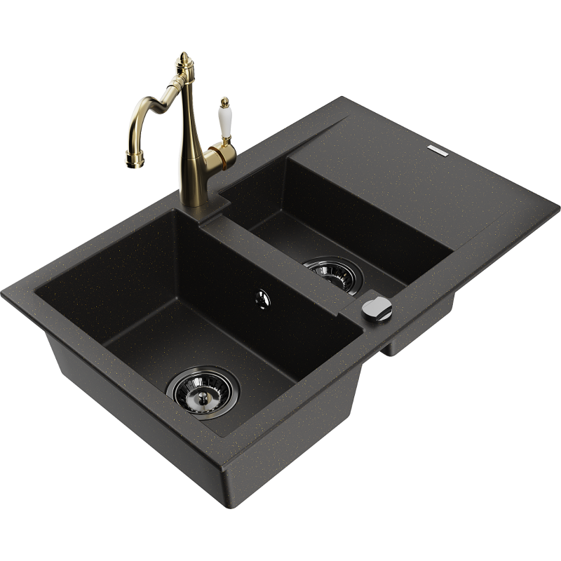 Mexen Gaspar lavello in granito 1,5 vasche con scolapiatti e rubinetto da cucina Carla nero/oro metallizzato