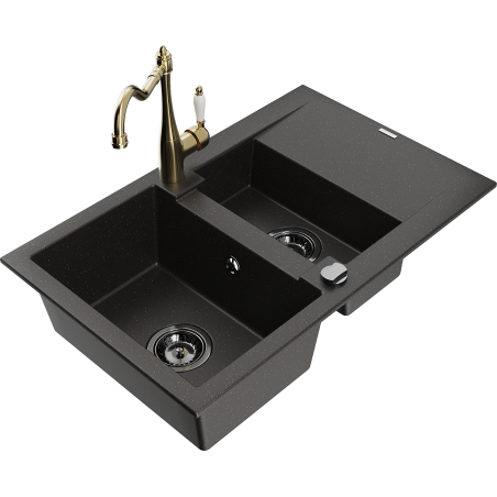 Mexen Gaspar 1.5-Bowl Granite Sink with Drainer and Kitchen Faucet Carla Black/Gold Metallic - 6507-75-670700-50-B