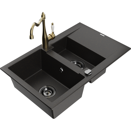 Mexen Gaspar Granitspüle 1,5-Becken mit Abtropffläche und Küchenarmatur Carla schwarz/gold Metallic - 6507-75-670700-50-B