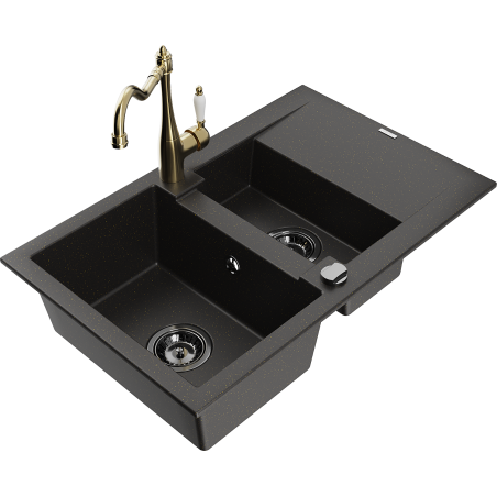 Mexen Gaspar lavello in granito 1,5 vasche con scolapiatti e rubinetto da cucina Carla nero/oro metallizzato