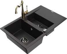 Mexen Gaspar Granitspüle 1,5-Becken mit Abtropffläche und Küchenarmatur Carla schwarz/gold Metallic - 6507-75-670700-50-B