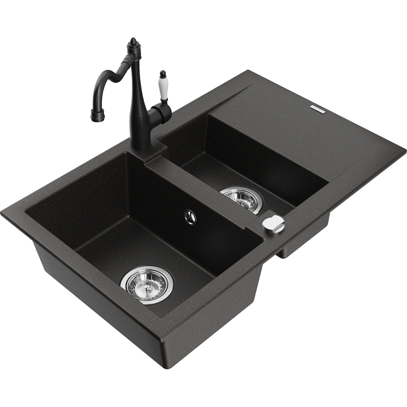 Mexen Gaspar granitais izlietne ar 1,5 nodalījumiem un notekas un virtuves jaucējkrānu Carla, melns/zeltains metālika