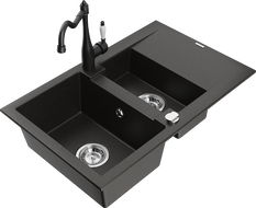 Mexen Gaspar Granite Sink 1.5 Bowl with Drainer and Carla Kitchen Tap, Black/Gold Metallic - 6507-75-670700-70