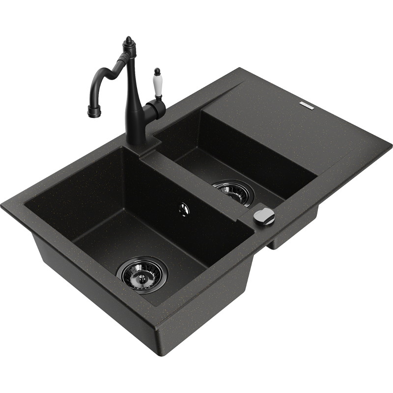 Mexen Gaspar Granitspüle 1,5-becken mit Abtropffläche und Küchenarmatur Carla schwarz/gold metallic - 6507-75-670700-70-B