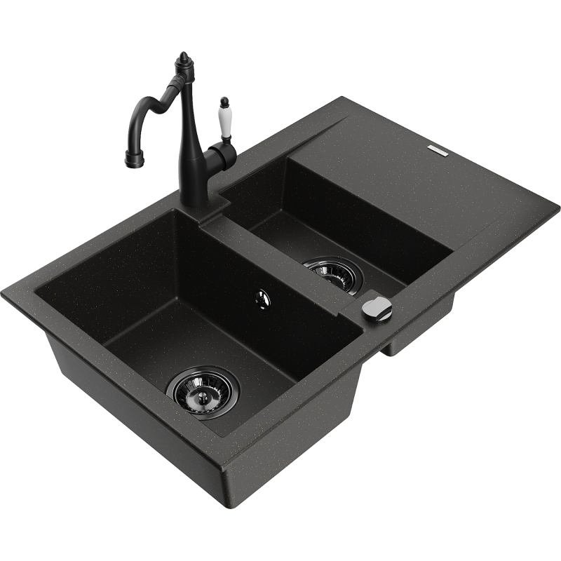 Mexen Gaspar lavello in granito a 1,5 vasca con sgocciolatoio e rubinetto da cucina Carla nero/oro metallico