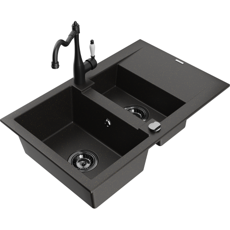 Mexen Gaspar granitizlietne 1,5 nodalījumiem ar notecinātāju un virtuves jaucējkrānu Carla melns/zeltīts metālisks