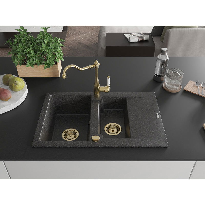 Mexen Gaspar granite sink 1.5-bowl with drainer and Carla kitchen tap, black speckled - 6507-76-670700-50