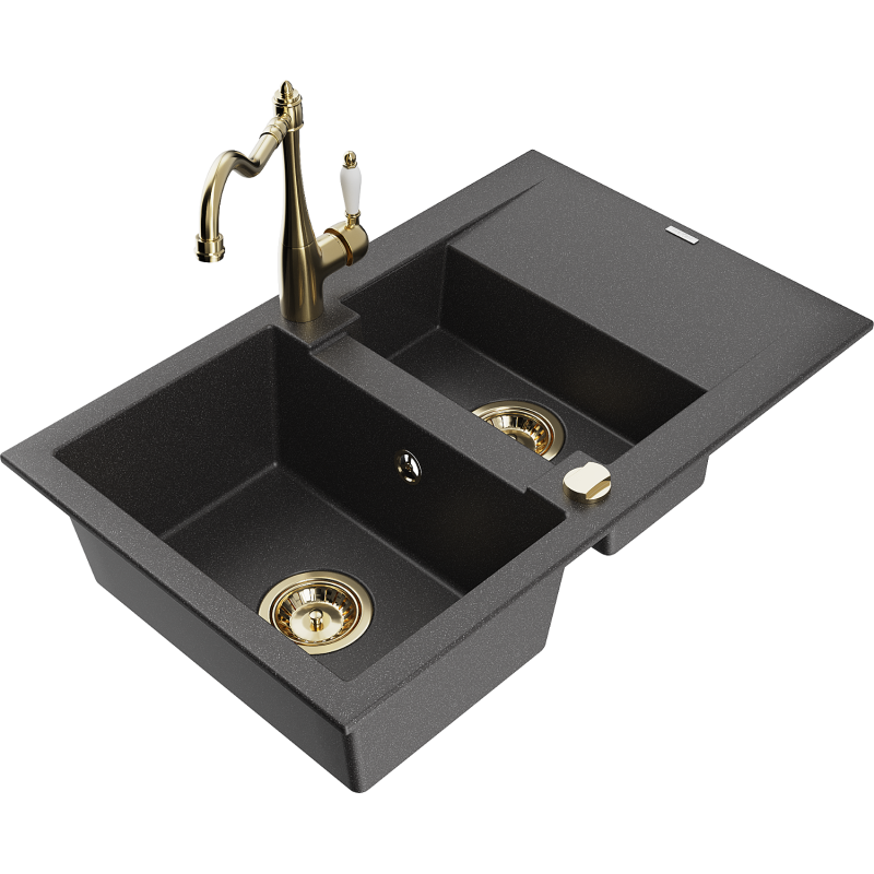Mexen Gaspar fregadero de granito de 1,5 senos con escurridor y grifo de cocina Carla, negro moteado - 6507-76-670700-50
