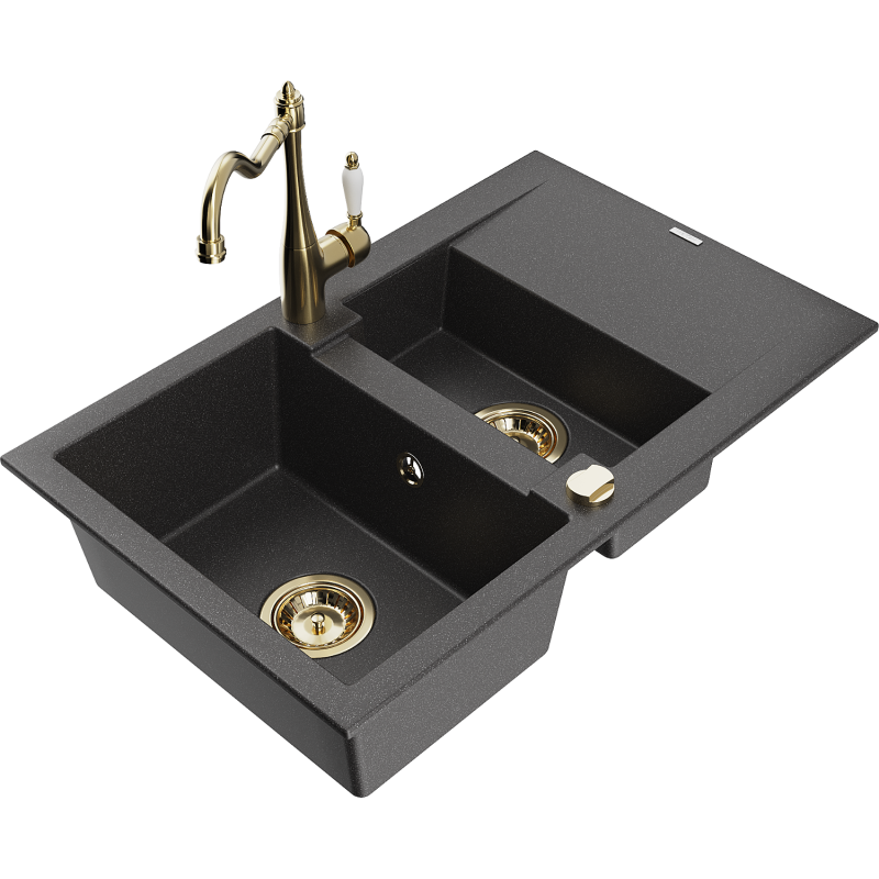 Mexen Gaspar granite sink 1.5-bowl with drainer and Carla kitchen tap, black speckled - 6507-76-670700-50